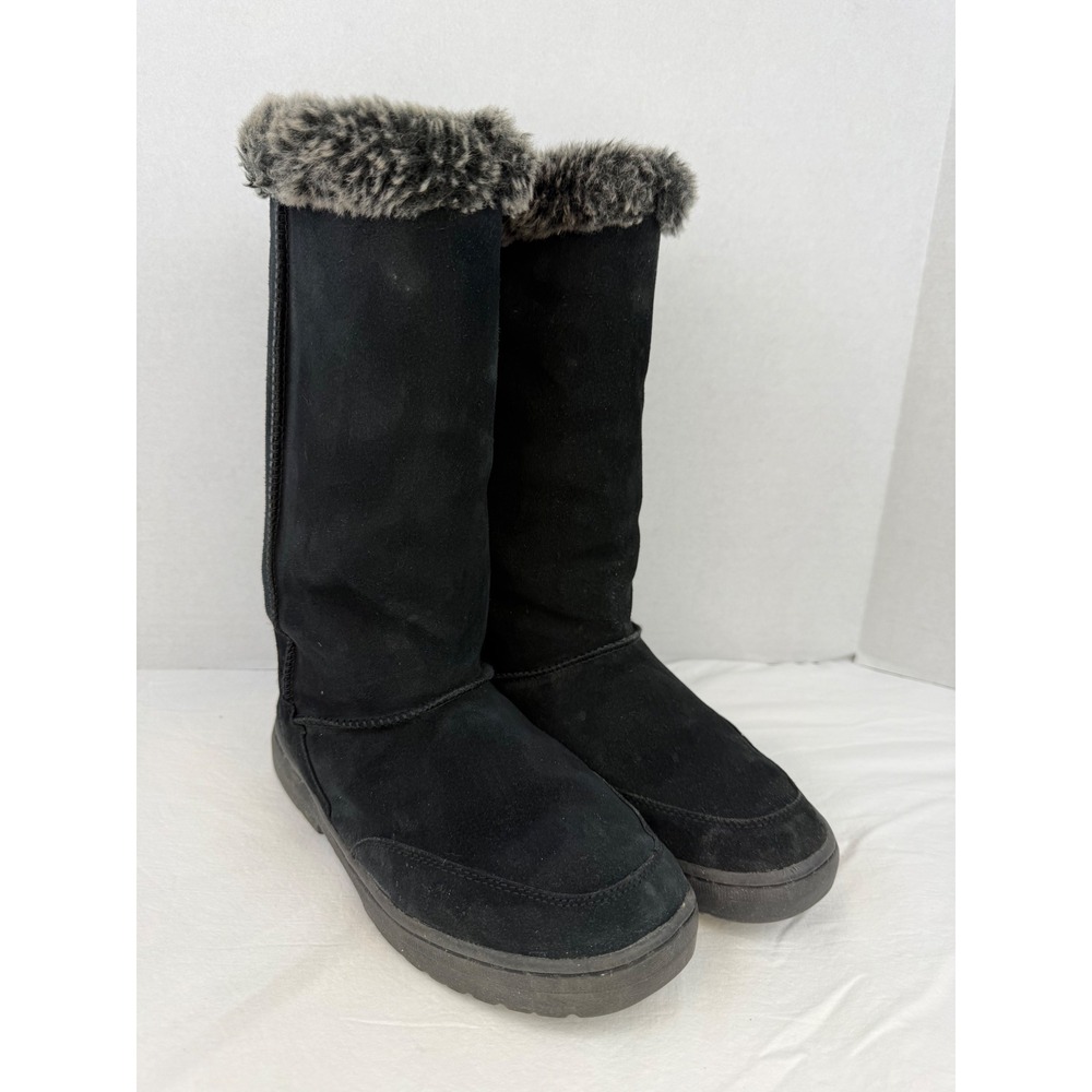 Vintage Y2K Black Faux Suede Mid-Calf Winter Boots with Faux Fur Trim Women Sz 9